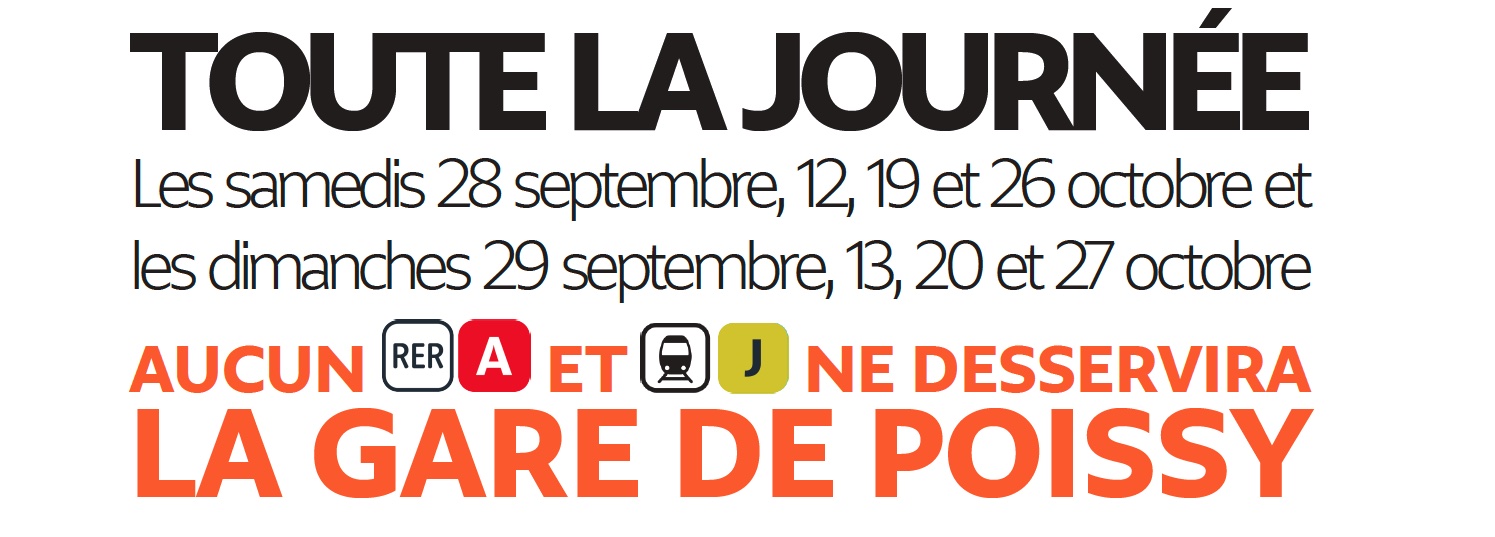 Fermeture de la gare de Poissy les weekends du 28 septembre au 27 octobre. Cliquez pour en savoir plus