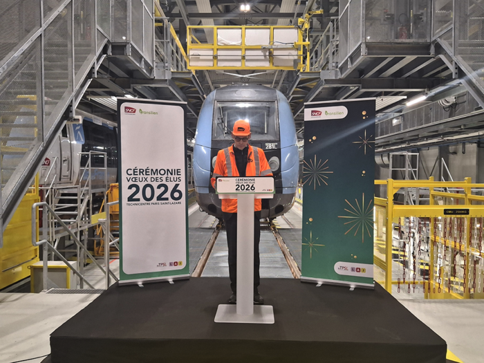 Yann Monod, directeur des lignes L, A et J, lors des vœux aux élus du 12 janvier 2026, au cœur du nouveau technicentre du Val Notre-Dame