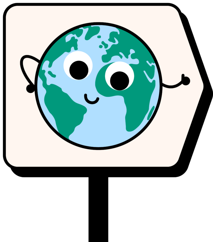 Illustration d’un panneau en forme de flèche pointant vers la droite, avec une planète Terre stylisée dont les continents dessinent un visage.