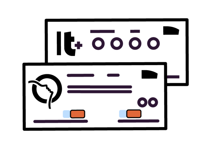 Illustration montrant des titres de transport magnétiques dessinés : un titre T+ et un titre Origine/Destination.