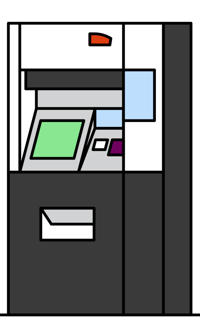 Dessin représentant un automate de vente de billets avec écran et zone de paiement.